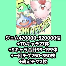 ジェム470000-520000個+T0キャラ27体+Sキャラ合計99-199体+一回チケ250-3