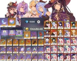 ガチャ65回、創世結晶1500個、甘雨1凸+アモス、雷電将軍+草薙の稲光、胡桃1凸+護摩の杖