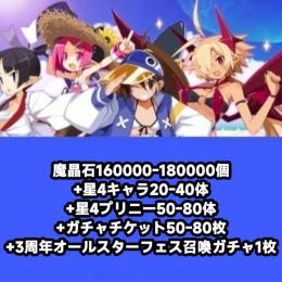 魔晶石160000-180000個+星4キャラ20-40体+星4プリニー50-80体+ガチャチケット