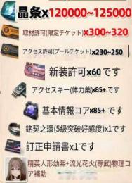 晶条120000-125000個+新装許可×60+専訪許可（限定チケット）300-320枚