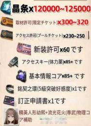 晶条120000-125000個+新装許可×60+専訪許可（限定チケット）300-320枚
