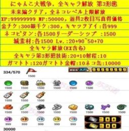 全キャラ解放第3形態XP9999万NP50000金チケ300銀チケ300+ネコ缶10000