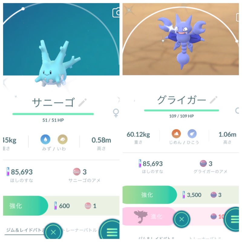 色違い国内捕獲サニーゴ 色違いグライガー Ptcアカウント ポケモンgo ゲームクラブ
