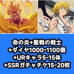 命の炎+聖戦の戦士+ダイヤ1000-1100個+URキャラ5-15体+SSRガチャチケ15-20枚