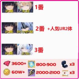 【画像のキャラ3選1】+ 人気UR2体+ダイヤ3600個+SSR30-50体+キューブ800個