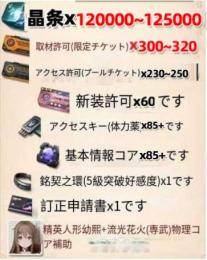 晶条120000-130100個+新装許可×60+専訪許可（限定チケット）300-320枚